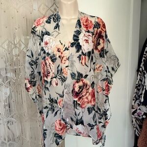 Floral Sheer Kimono Cardigan - White with Pink Rose Print